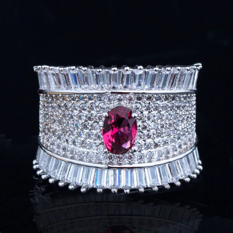 Bohemian Rose Red CZ Stone Wide Ring for Wedding Party Women