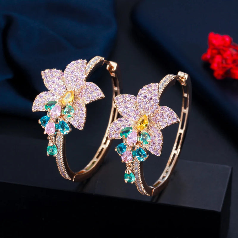 ThreeGraces Multicolor CZ Big Flower Hoop Earrings E1009