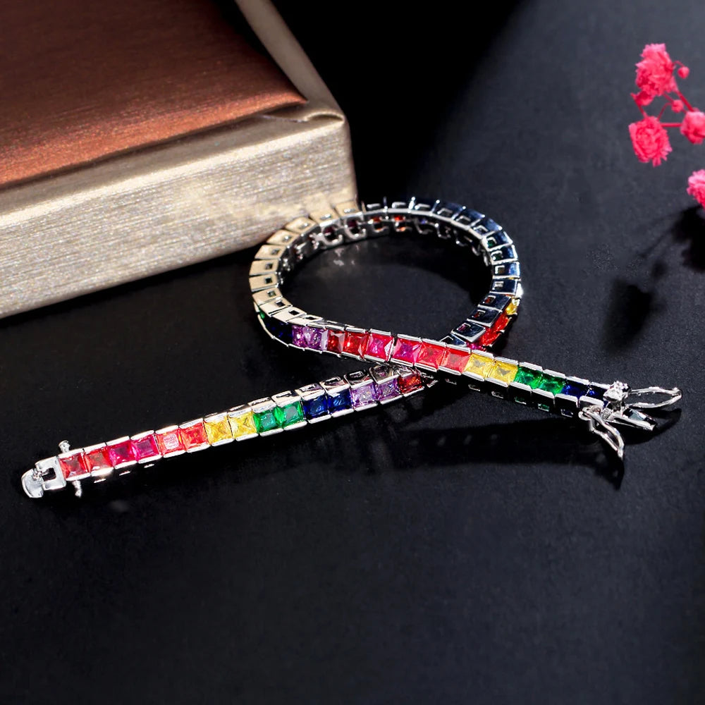 ThreeGraces Multicolor CZ Square Tennis Bracelet for Women Party Jewelry