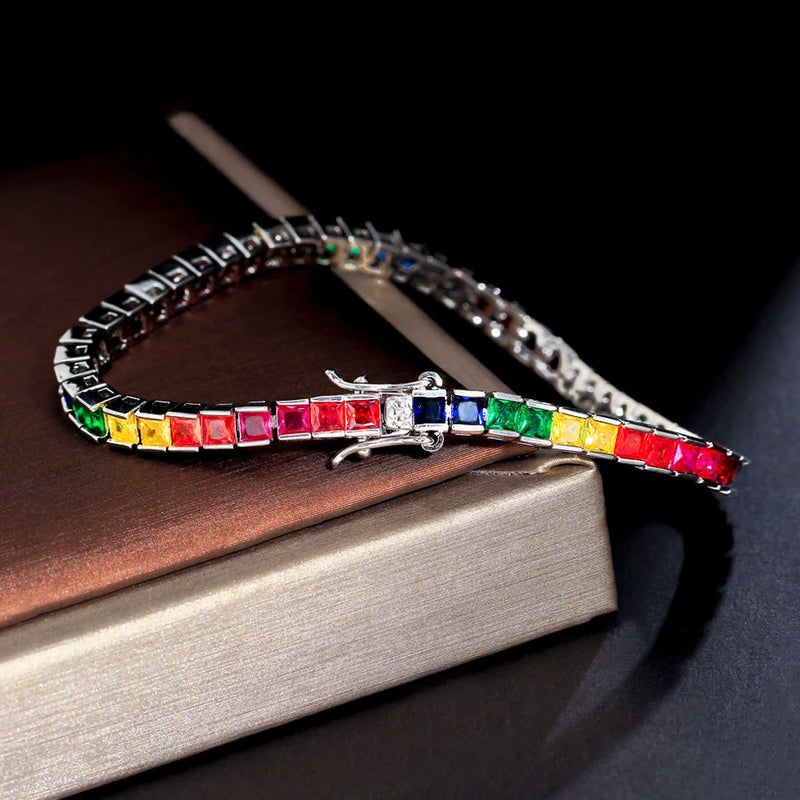 ThreeGraces Multicolor CZ Square Tennis Bracelet for Women Party Jewelry