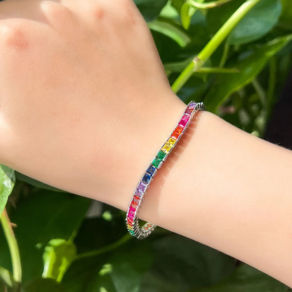 ThreeGraces Multicolor CZ Square Tennis Bracelet for Women Party Jewelry