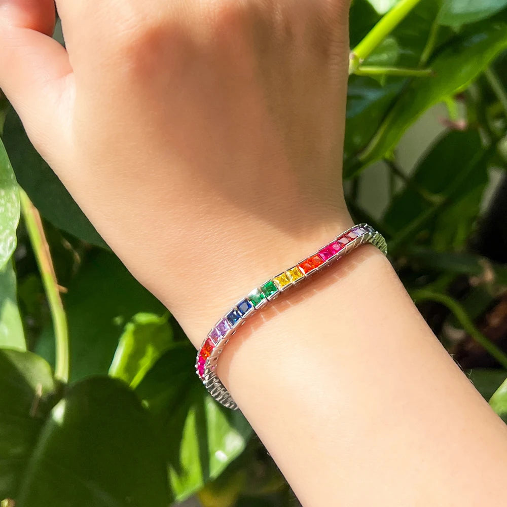 ThreeGraces Multicolor CZ Square Tennis Bracelet for Women Party Jewelry