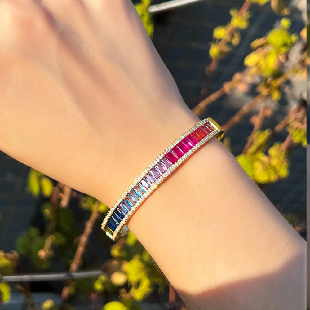 ThreeGraces Multicolor CZ Open Cuff Bangle for Women Bridal Party Jewelry