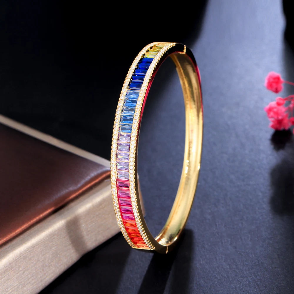 ThreeGraces Multicolor CZ Open Cuff Bangle for Women Bridal Party Jewelry