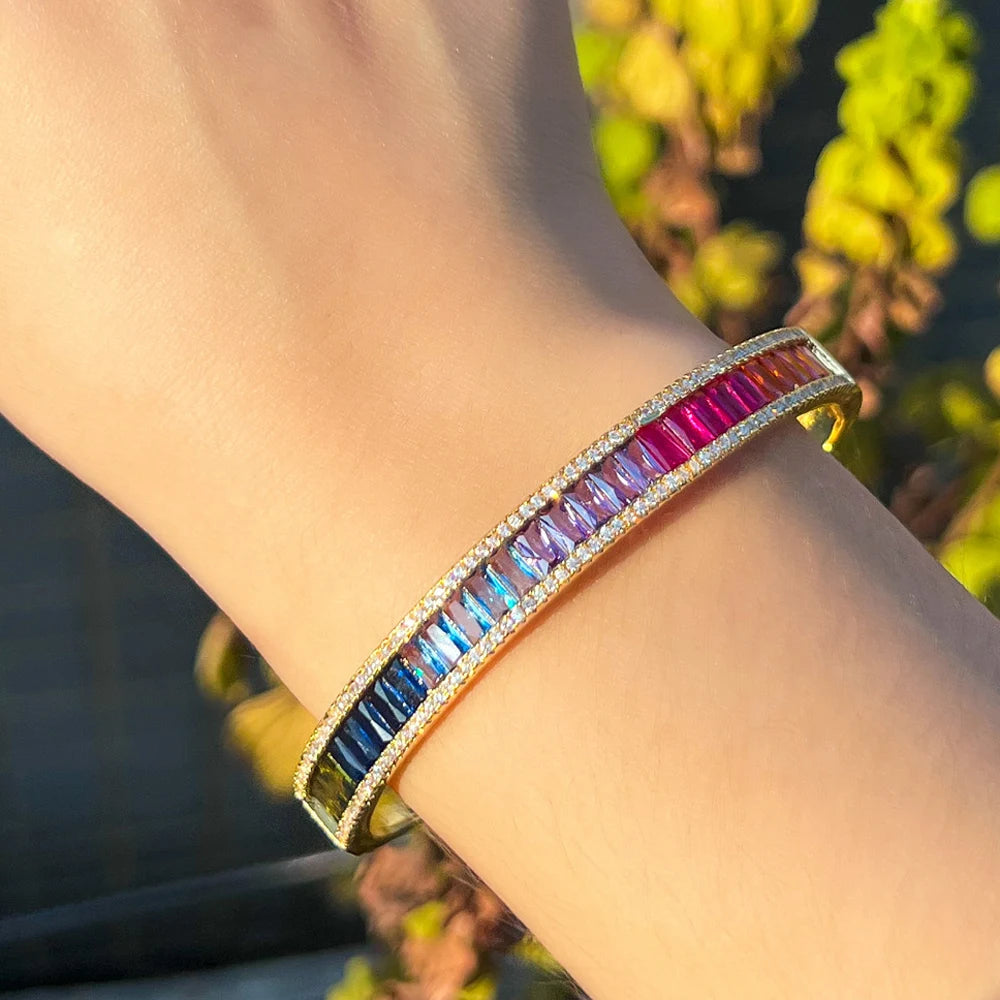 ThreeGraces Multicolor CZ Open Cuff Bangle for Women Bridal Party Jewelry