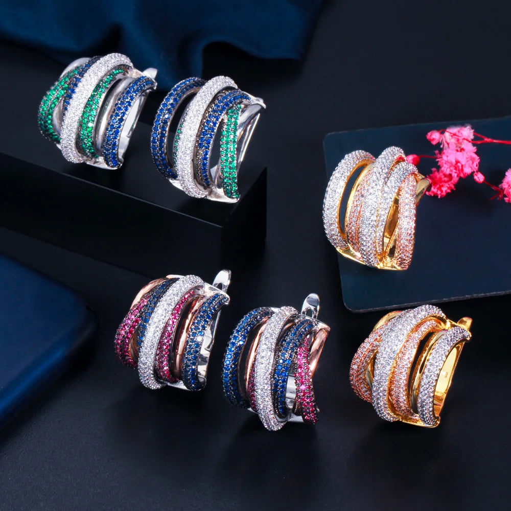ThreeGraces Multicolor CZ 3 Tone Heavy Hoop Earrings for Women ER605