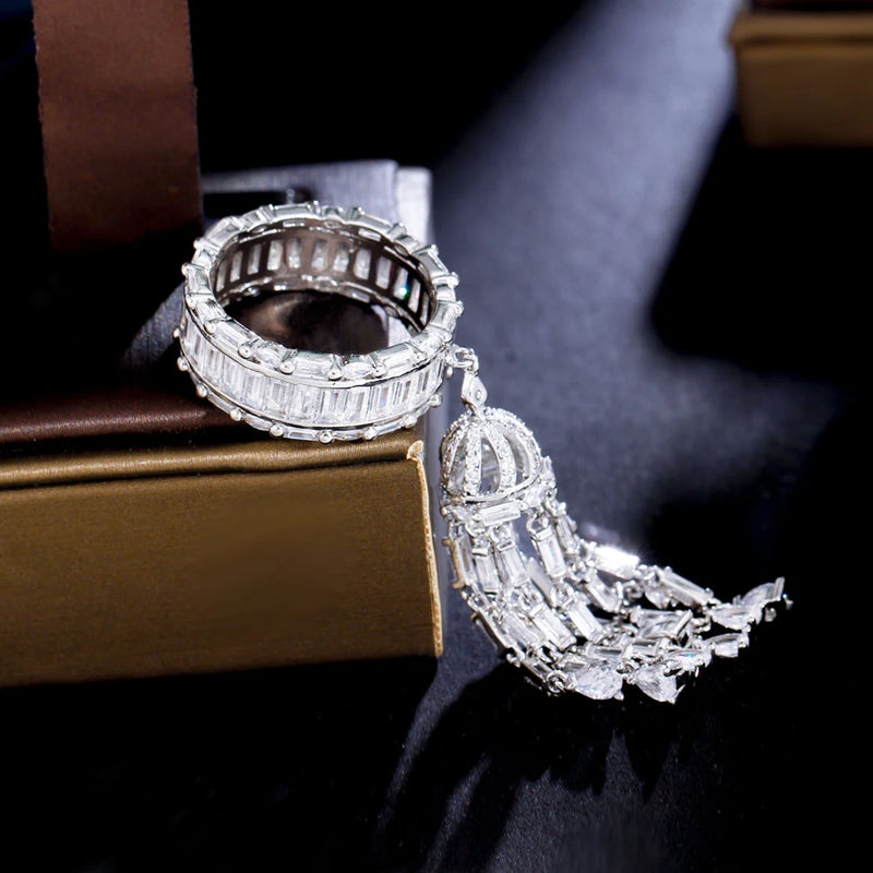 ThreeGraces CZ Tassel Charms Engagement Ring Bridal Wedding Jewelry