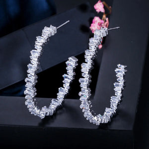 Irregular Baguette CZ Crystal Big Rose Hoop Circle Earrings for Ladies