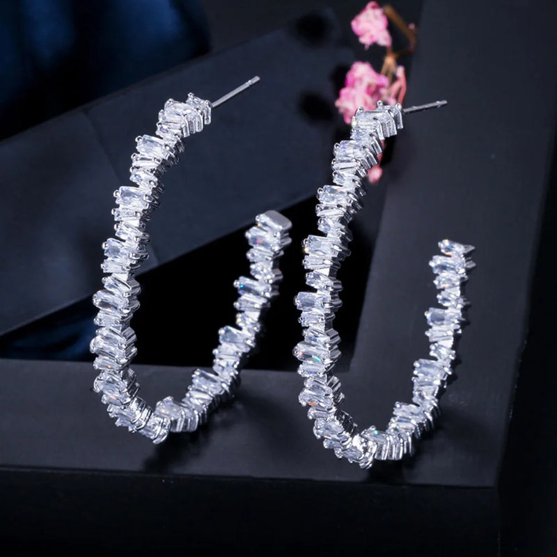 Irregular Baguette CZ Crystal Big Rose Hoop Circle Earrings for Ladies