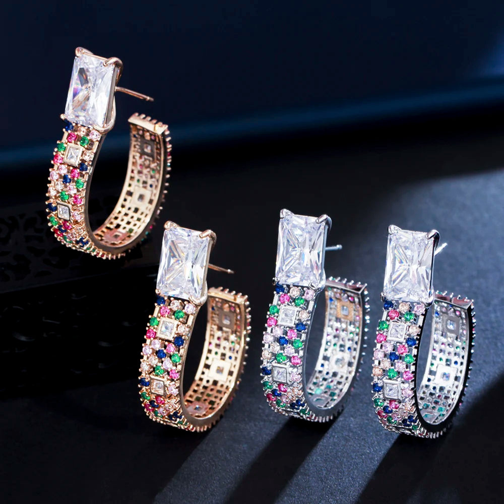 ThreeGraces Multicolor CZ Silver Circle Hoop Earrings ER761
