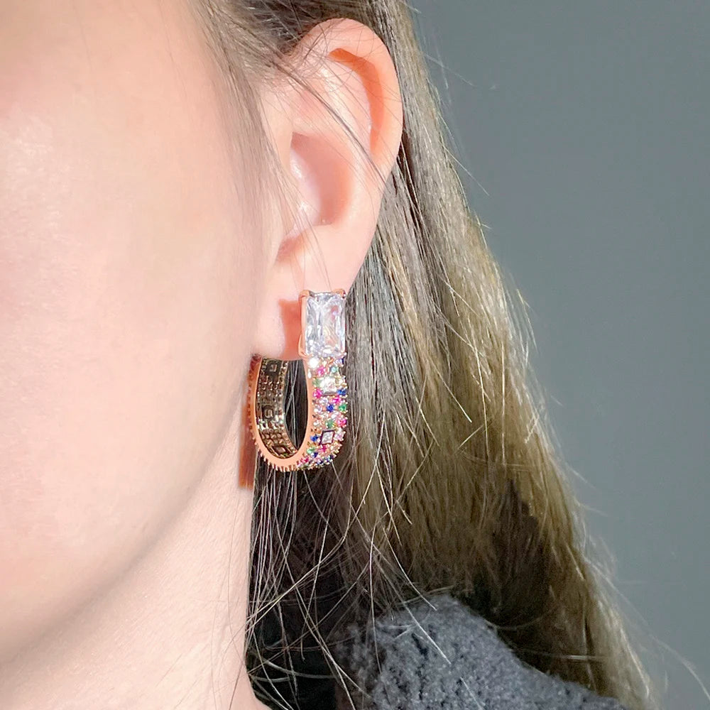 ThreeGraces Multicolor CZ Silver Circle Hoop Earrings ER761
