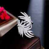 3Graces CZ Feather Shape Bridal Wedding Open Ring Adjustable Size