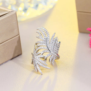 3Graces CZ Feather Shape Bridal Wedding Open Ring Adjustable Size
