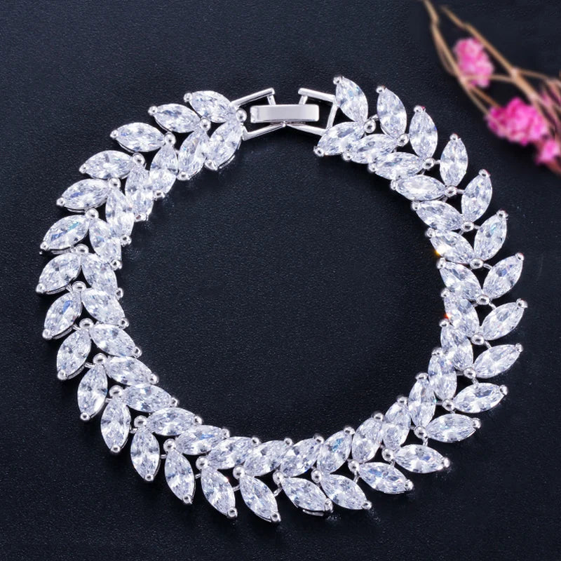CZ Leaf Shape Bridal Wedding Party Bracelet Women Costume Jewelry