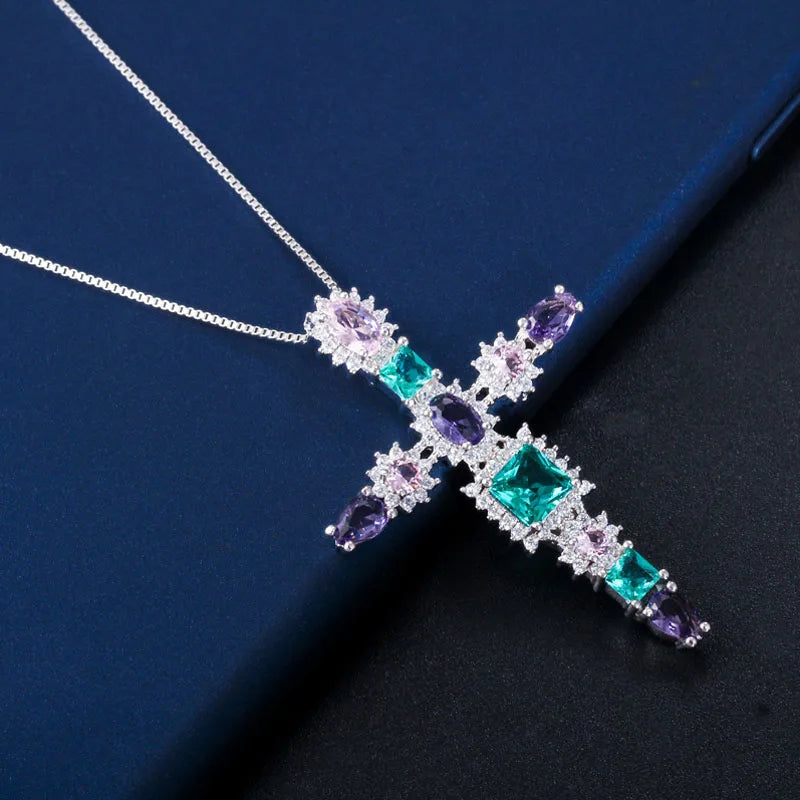 Cross Flower CZ Stones Necklace Pendant for Girlfriend Gift PN001
