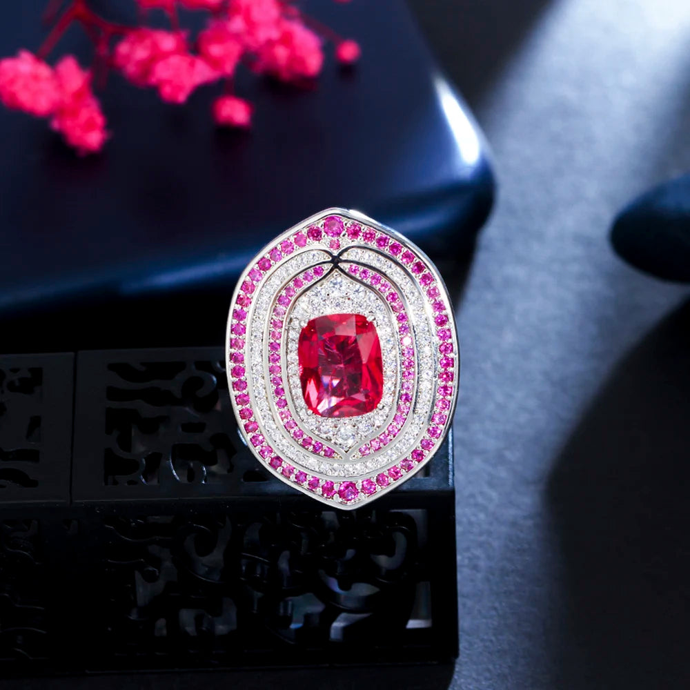 Vintage Red Cubic Zirconia Big Bridal Wedding Party Ring for Women