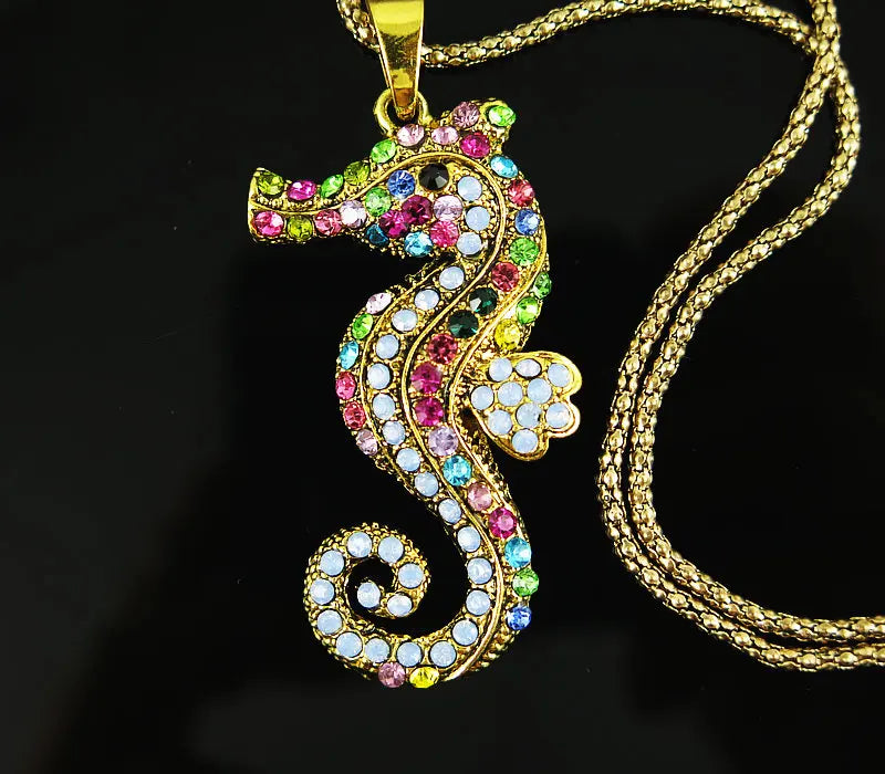 Crystal Seahorse Pendant Necklaces Long Sweater Chains Women Jewelry