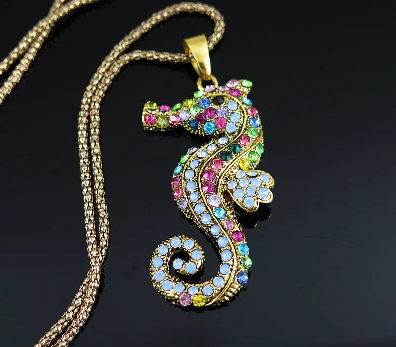 Crystal Seahorse Pendant Necklaces Long Sweater Chains Women Jewelry