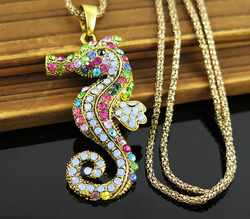 Crystal Seahorse Pendant Necklaces Long Sweater Chains Women Jewelry