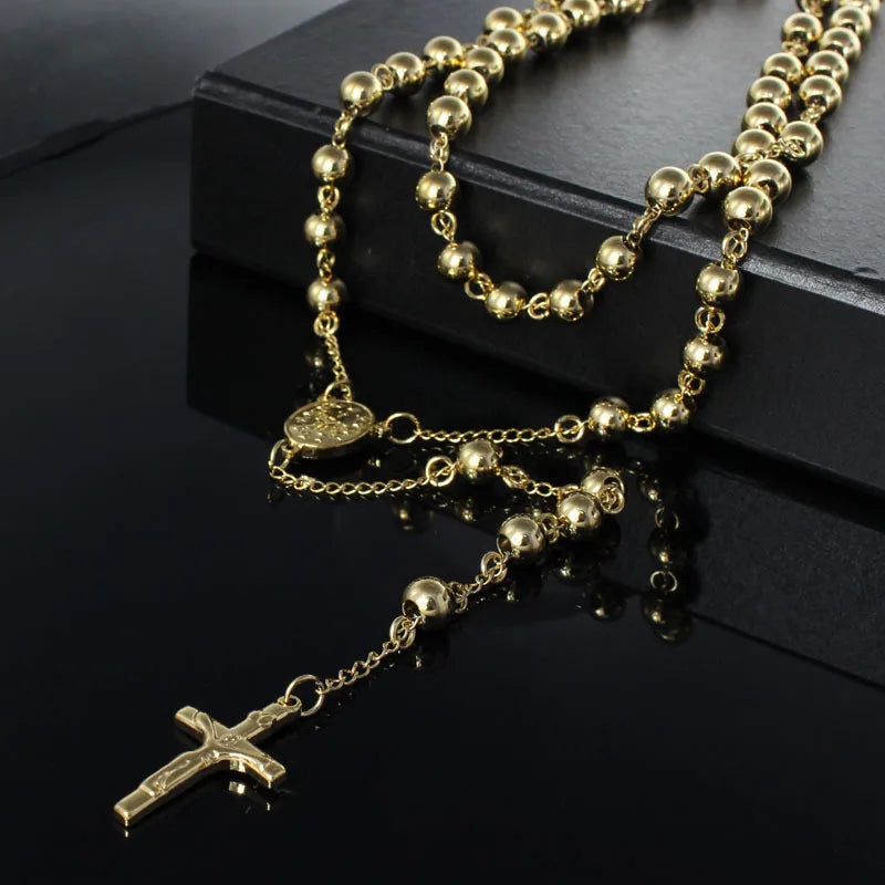 Tiasri Cross Necklace Round Bead Sweater Chain Stainless Steel