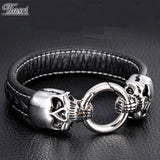 Tiasri Leather Skull Bracelet Stainless Steel