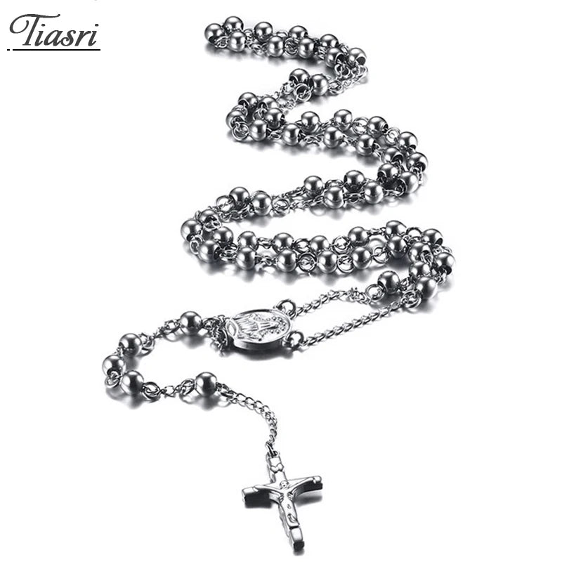 Tiasri Cross Pendant Necklace For Woman Round Bead Tail Chain Choker