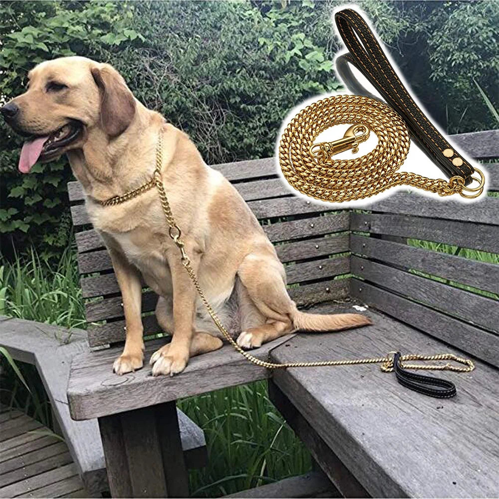 Tiasri Dog Chain Pet Leash Stainless Steel Link Coriaceous Handle