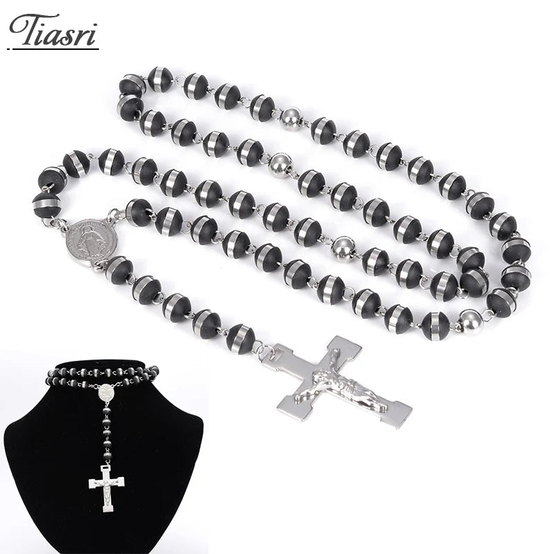 Tiasri Cross Pendant Necklace Sweater Long Chain Bead Collar Choker