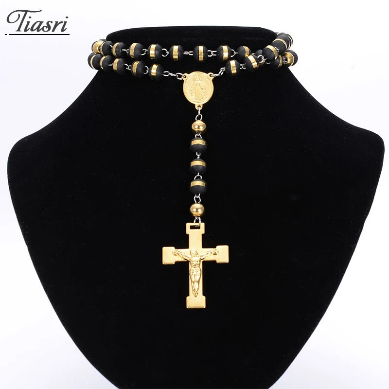 Tiasri Women's Cross Pendant Necklace Stainless Steel Bead Collar Jewelry
