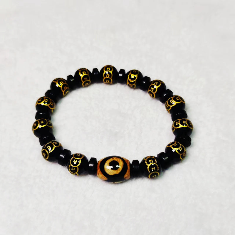 Tibet 3Eyes God Wealth Agate Dzi Beads Carving Bronze Money Pattern Ball Beads