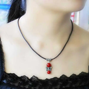 Tibet Silver Red Jade Pendant Necklace Cowhide Rope Tassel Wristband Gift