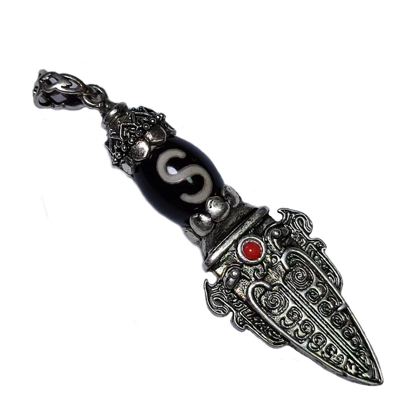 Tibetan Black/White Money Hook Totem Agate Dzi Beads Necklace Pendant