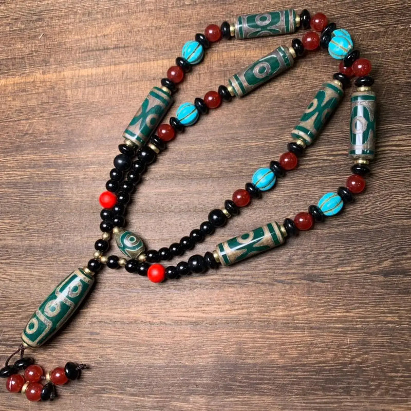 Tibetan Dzi Bead Necklace Agate 9 Eye Pendant Sweater Chain Charms