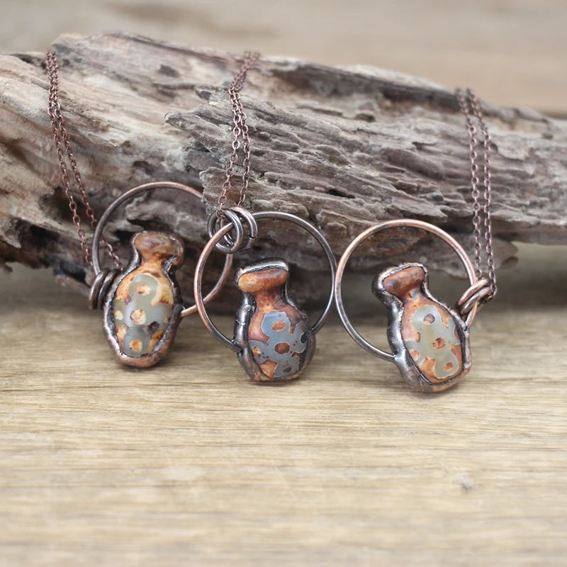 Tibetan Dzi Agates Bottle Antique Copper Hoop Pendants