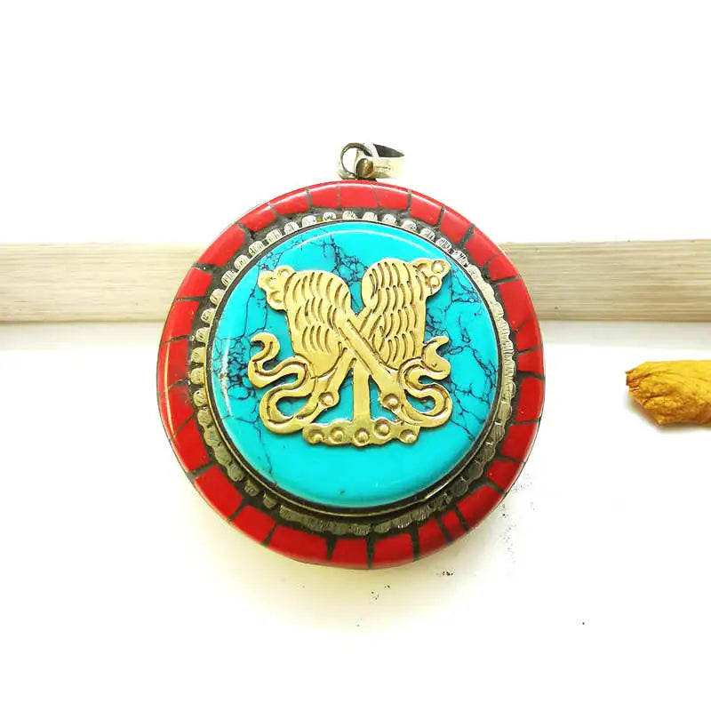 Tibetan Copper Inlay Auspicious Symbols Prayer Box Gau Pendant