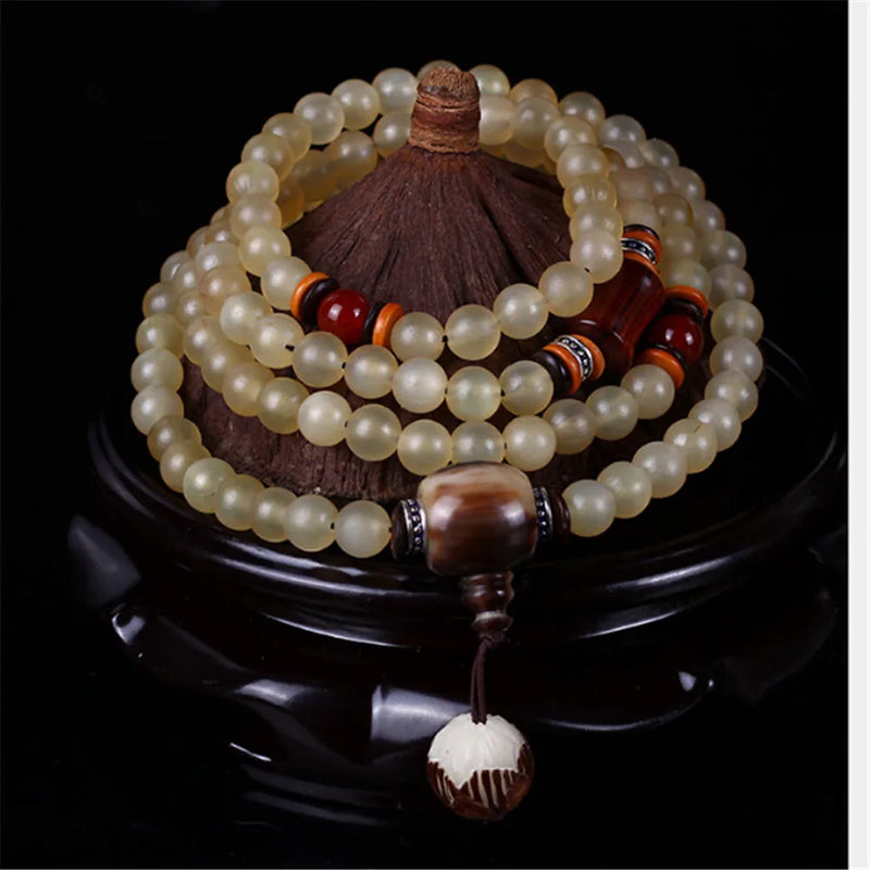 Tibetan Sheep Horn 108 Beads Bracelet Necklace Blood Silk Lobular Rosewood
