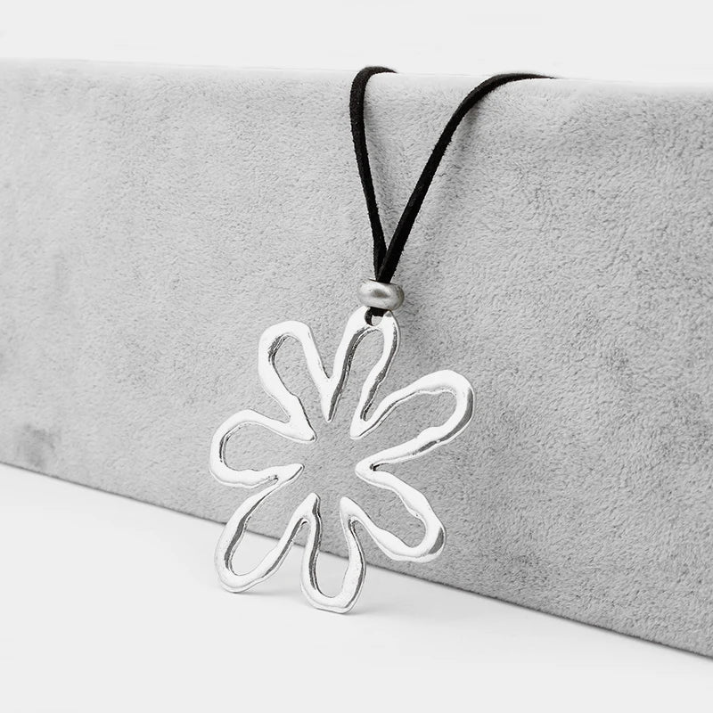 Hollow Flowers Pendant Necklace with Faux Suede Cord