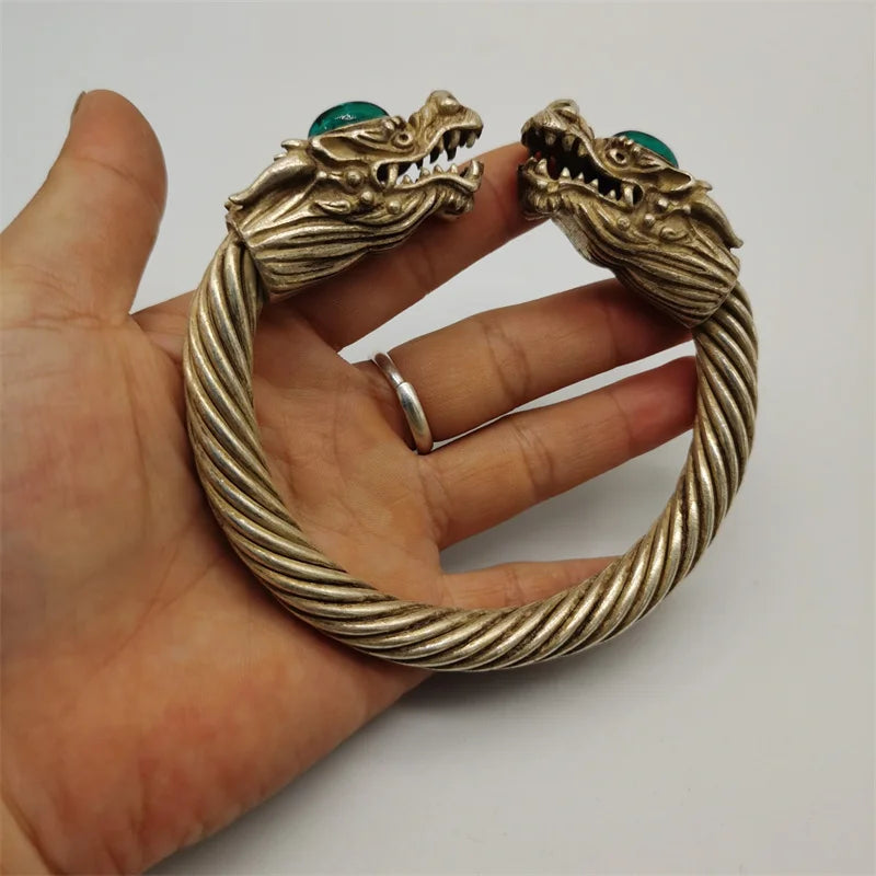 Tibetan Silver Dragon Head Bracelet Rotating Charm