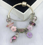Pink Flower Charm Bracelet DIY Petal Glass Beads Ladies Bracelet