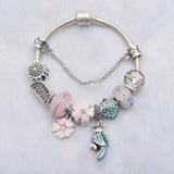 Pink Flower Charm Bracelet DIY Petal Glass Beads Ladies Bracelet