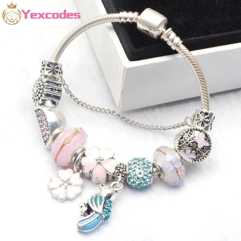 Pink Flower Charm Bracelet DIY Petal Glass Beads Ladies Bracelet