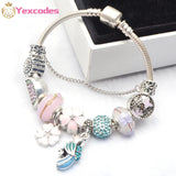 Pink Flower Charm Bracelet DIY Petal Glass Beads Ladies Bracelet