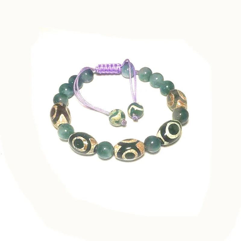 Tibetan Agate DZI 3 Eyes Bracelet, Green Khaki Lucky Rope Bracelet