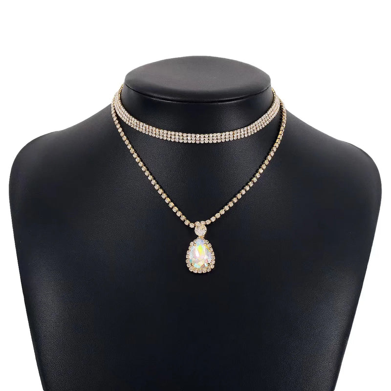 Tidal Current Droplet Pendant Chain Rhinestone Necklace