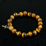 Tiger Eye Beads Bracelets 10mm Beaded Rope Chain Natural Stone Cross Men Jewelry