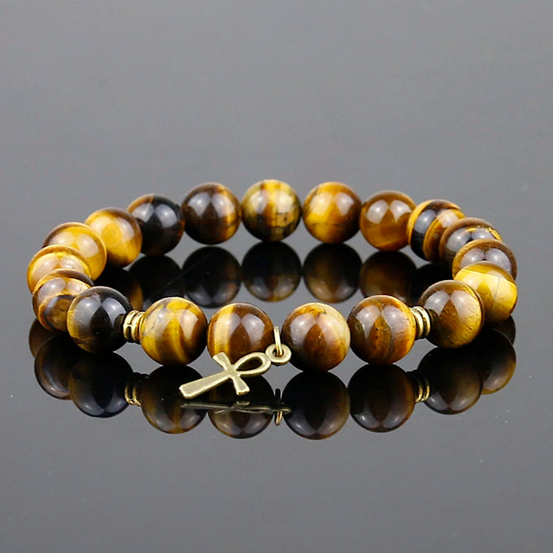 Tiger Eye Beads Bracelets 10mm Beaded Rope Chain Natural Stone Cross Men Jewelry