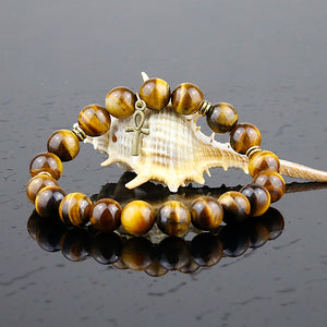 Tiger Eye Beads Bracelets 10mm Beaded Rope Chain Natural Stone Cross Men Jewelry