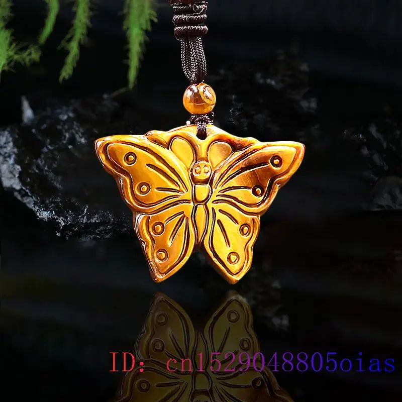 Tiger Eye Butterfly Pendant Jade Necklace Gemstone Amulet Charm