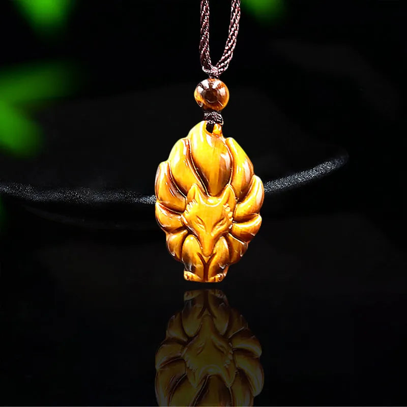 Tiger Eye Nine Tailed Fox Pendant Gemstone Necklace Chinese Jade