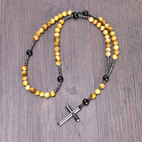 Tiger Eye Hematite Cross Catholic Rosary Men's Necklace